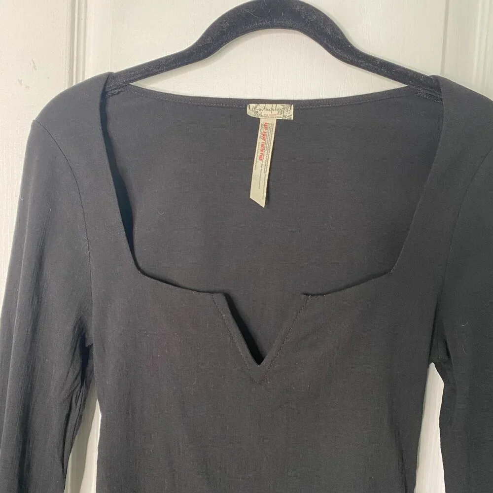 Free People Intimately Black Square Neck V Notch Stretch Bodysuit, S #338 - Picture 7 of 10